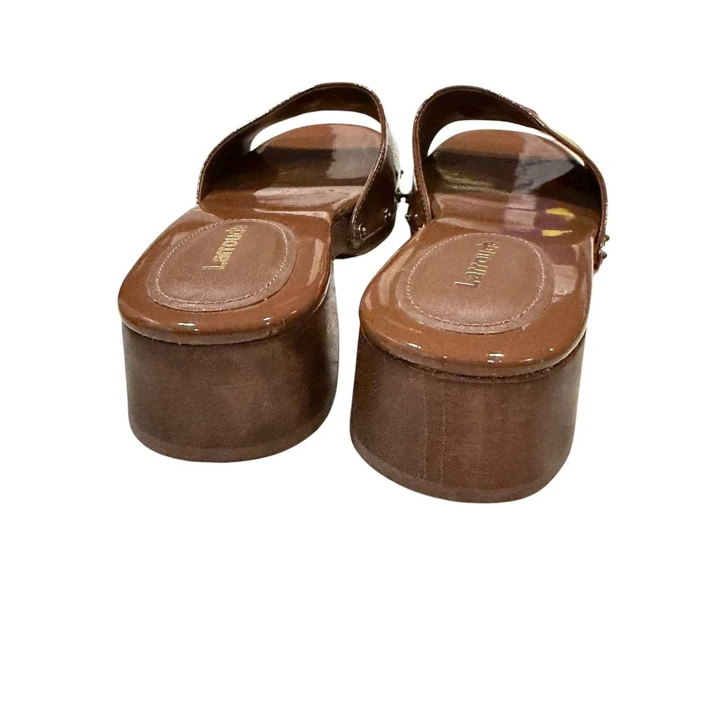 Larroude 8 Miso Platform Slides Caramel Patent Leather Brown Slide Sandal